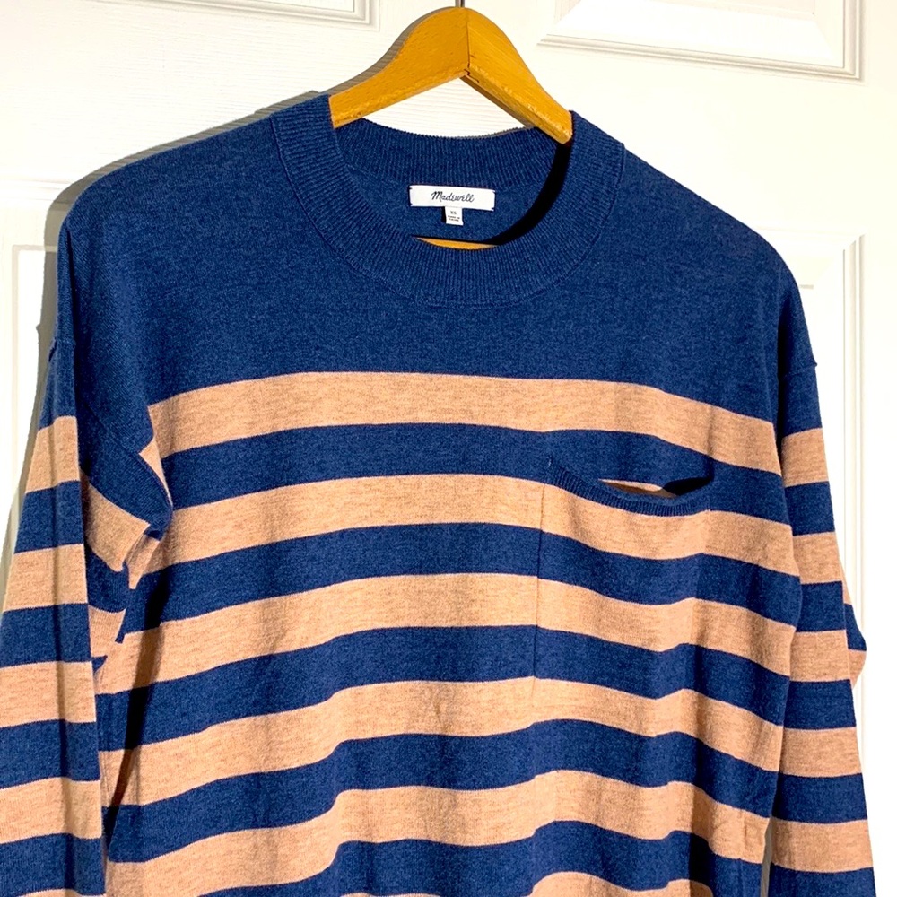 Madewell Womens XS Navy and Tan Striped Lightweight Crewneck Sweater